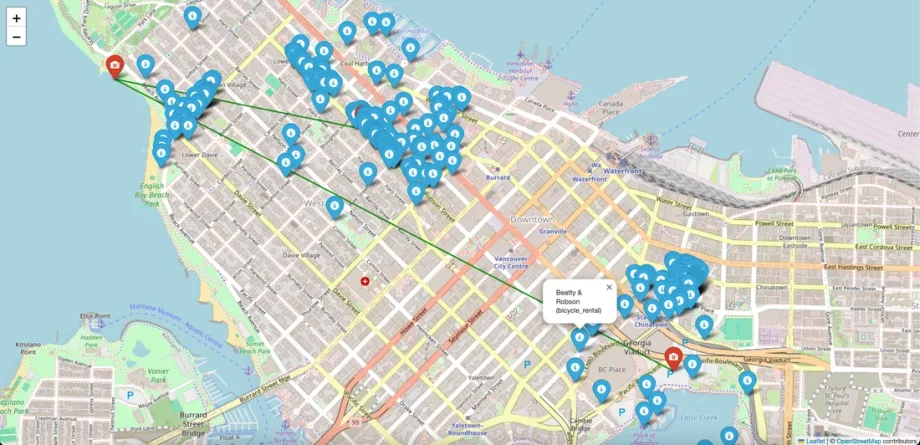 Map of downtown Vancouver with a photo walk and nearby places