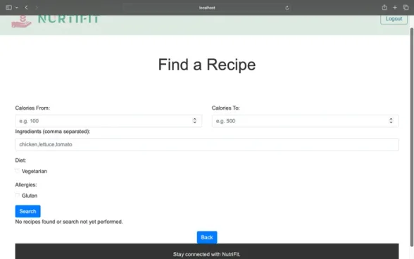 NutriFit Find a Recipe form with calorie, ingredient, diet and allergy filters