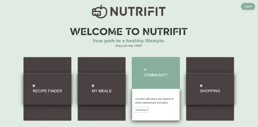 NutriFit home screen with recipe finder, meals, community, and shopping