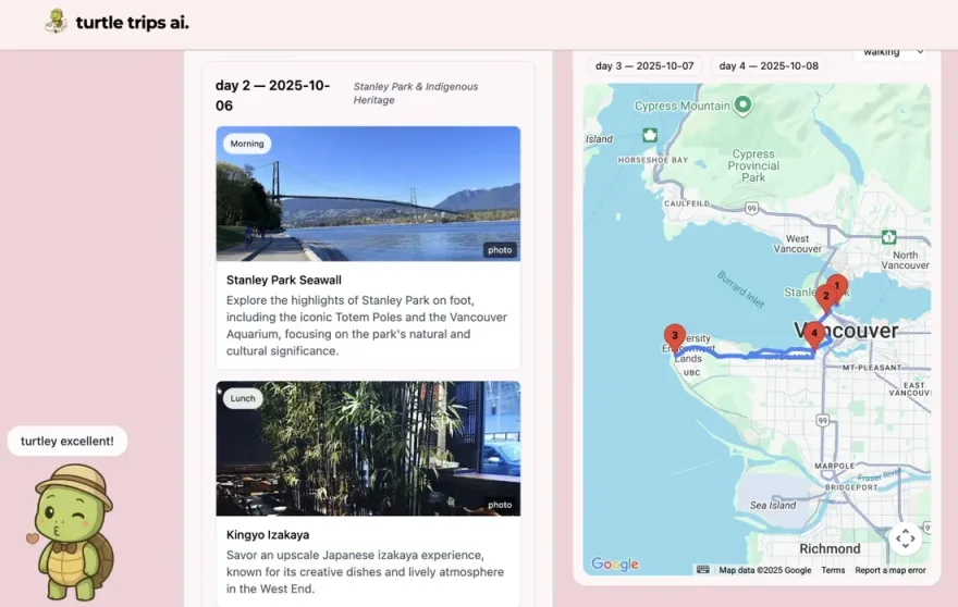 Turtle Trips itinerary: day plan with photos next to a route map of Vancouver