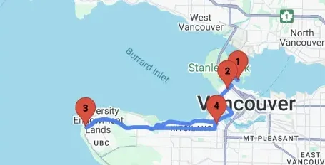 Map of Vancouver with a numbered walking route