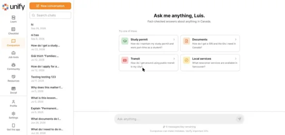 Unify Companion: Ask me anything, Luis, with fact-checked answers about life in Canada