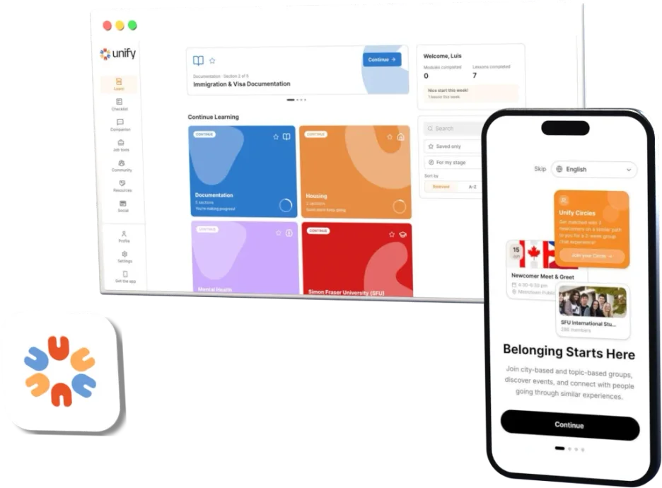 Unify's web app on desktop and phone, with its logo