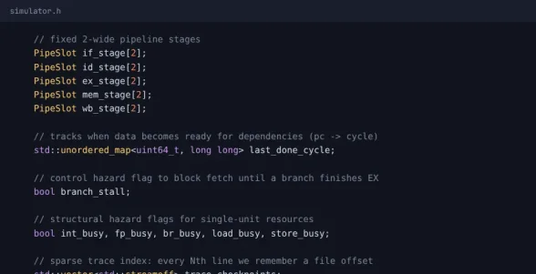 C++ code for the pipeline stages, hazard flags and sparse trace index